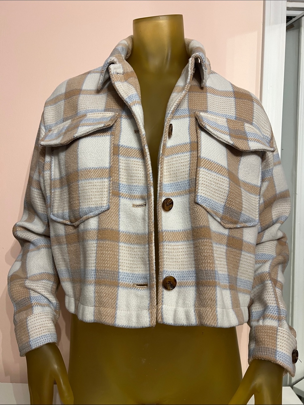 For The Republic Cropped Plaid Utility Jacket in Beige, White & Light Blue